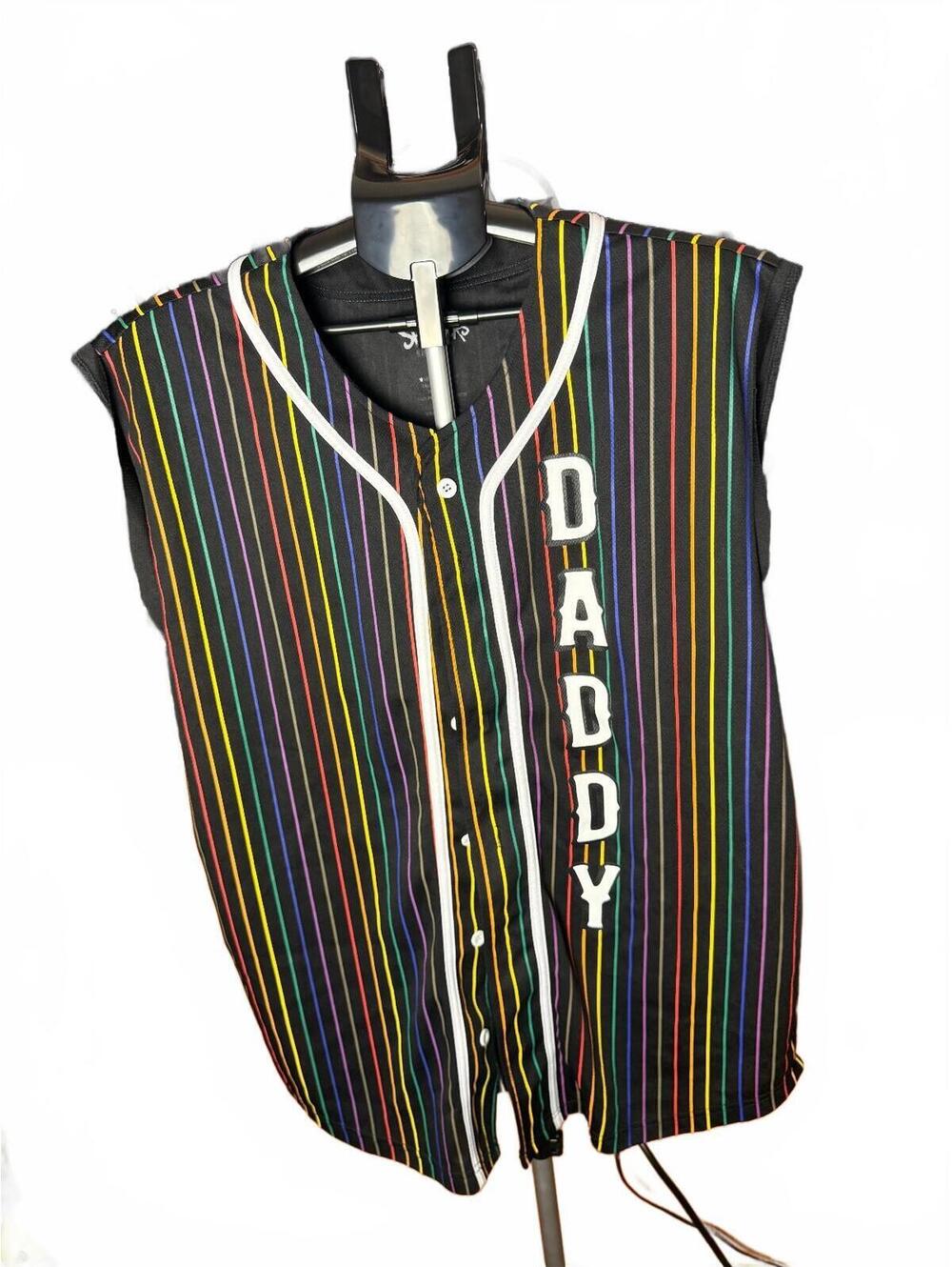 Spencers sz L Daddy 01 Sleeveless Baseball Jersey w Rainbow Stripes pride LGBT